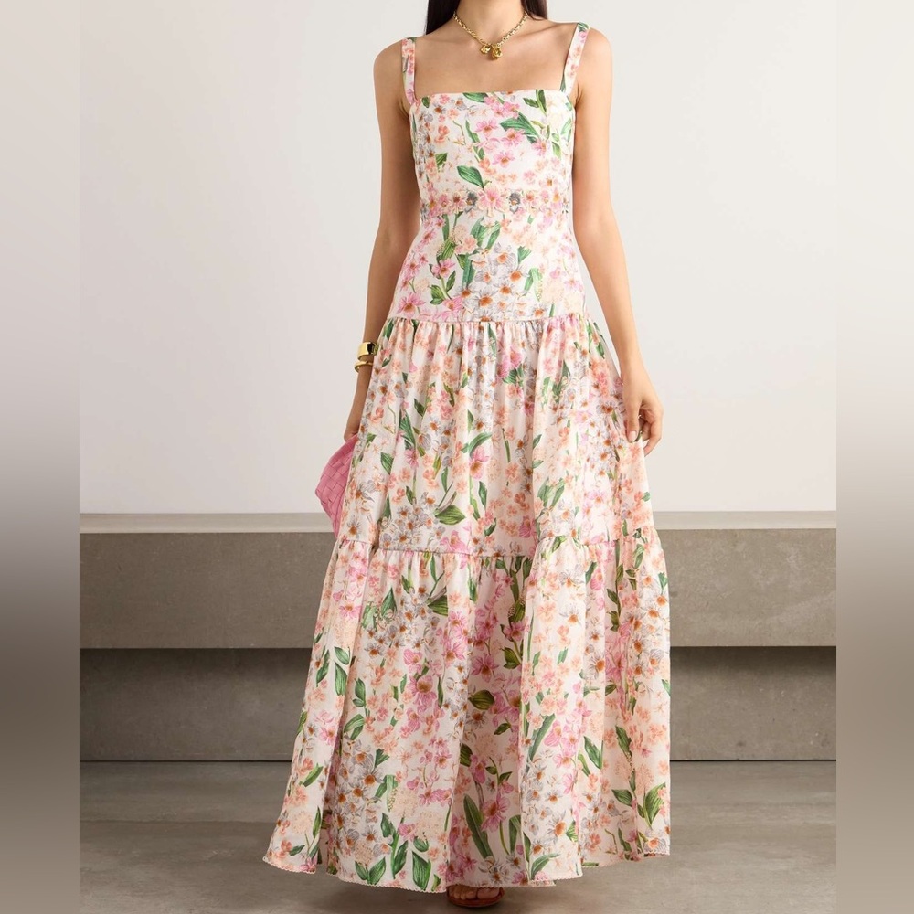 Agua by Agua Bendita Floral Print Square Neck Tiered Maxi Dress Pink White